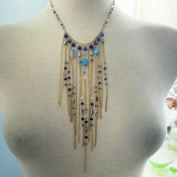 Fringe Waterfall Necklace Blue Beads w/ Gold Tone Metal Sexy - Picture 6 of 6